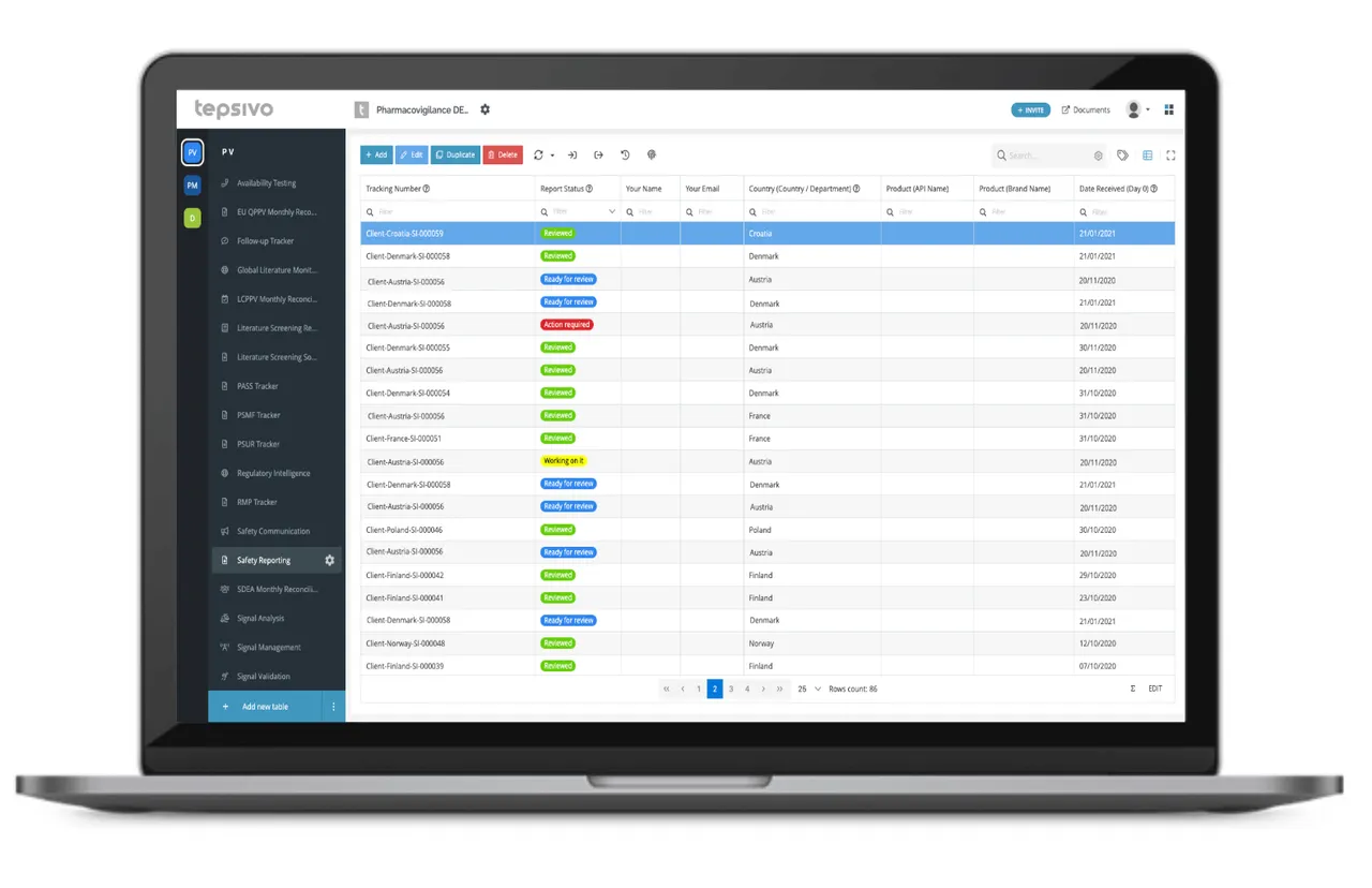 Screenshot of the Tepsivo OnePV pharmacovigilance platform on a laptop