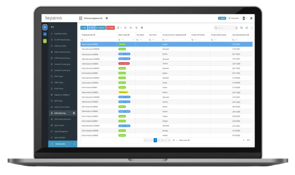 Screenshot of the Tepsivo OnePV pharmacovigilance platform interface